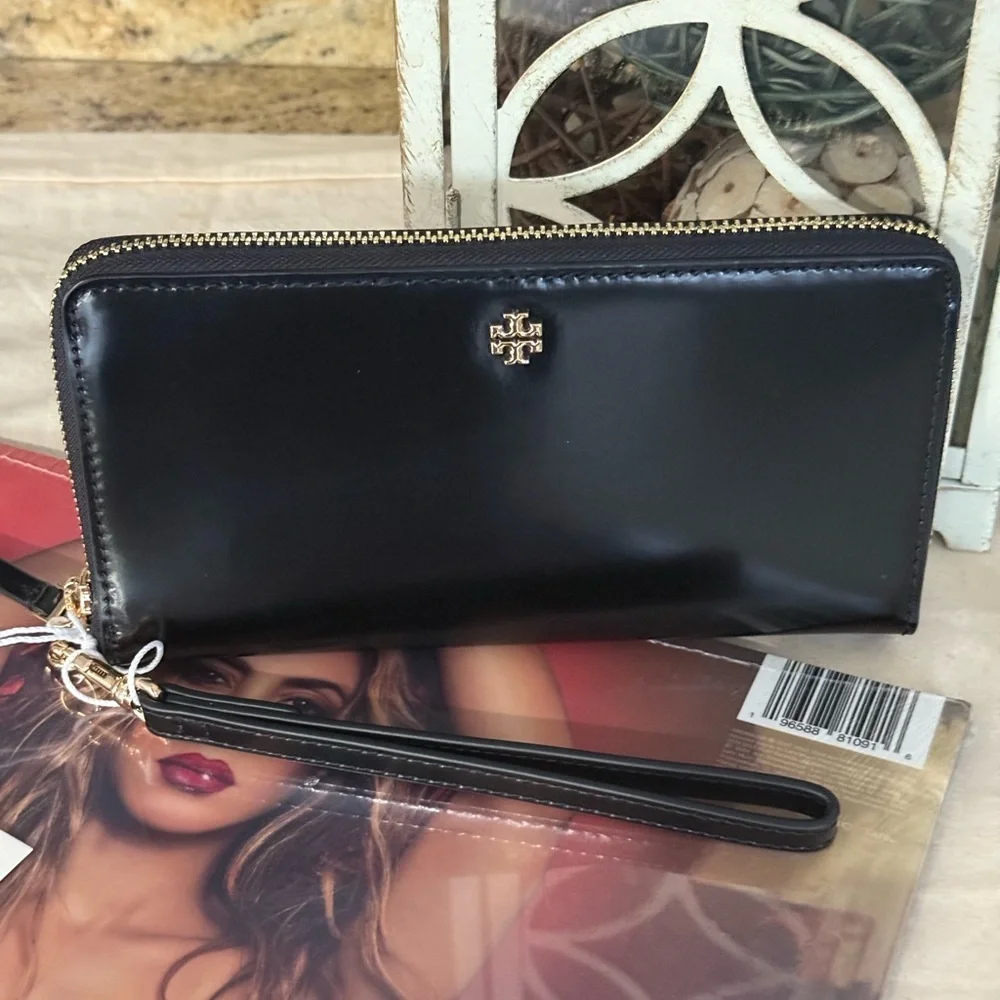 Tory Burch Black Wristlet with Gold Accents